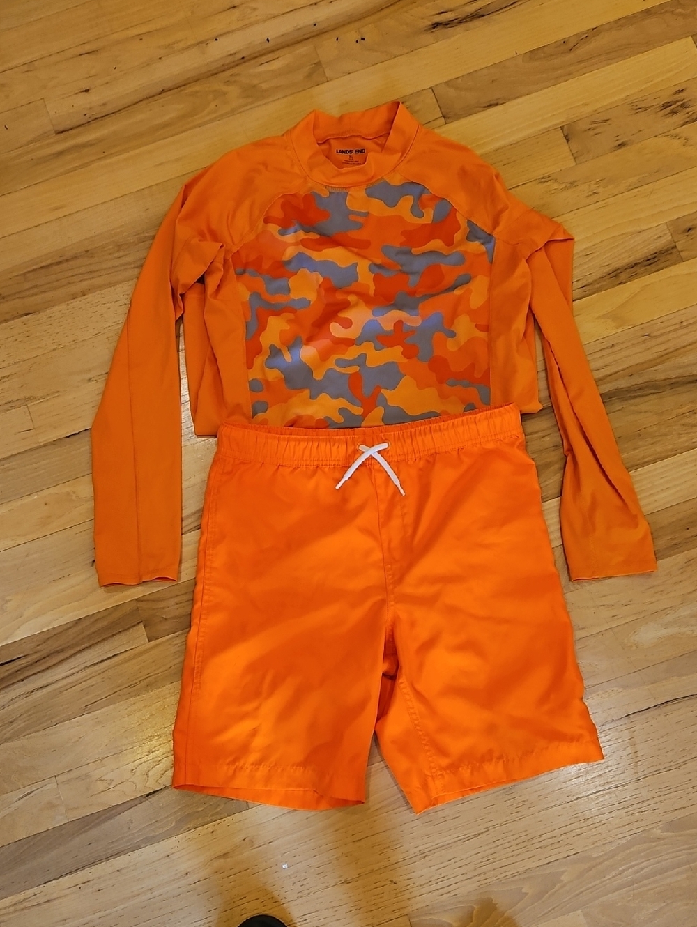 Lands' End Boys Size 14 Orange Camo Rashguard & Orange Swim Shorts